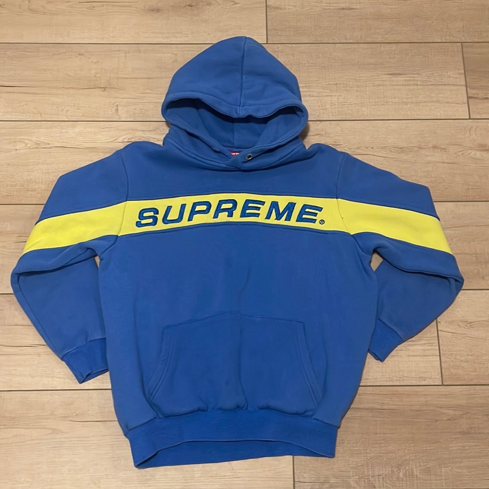 Supreme SS17 full stripe blue/yellow hoodie.